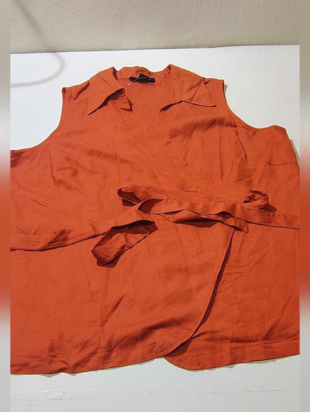 Ashley Stewart Terracotta Sleeveless Wrap Blouse,55%linen 45%Rayon